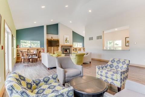 a living room with couches and chairs and a fireplace